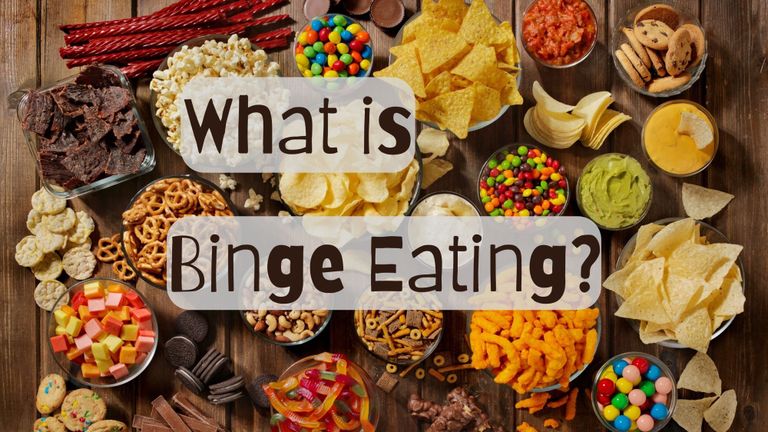 Sweets, candies and crisps with the heading What is binge eating?